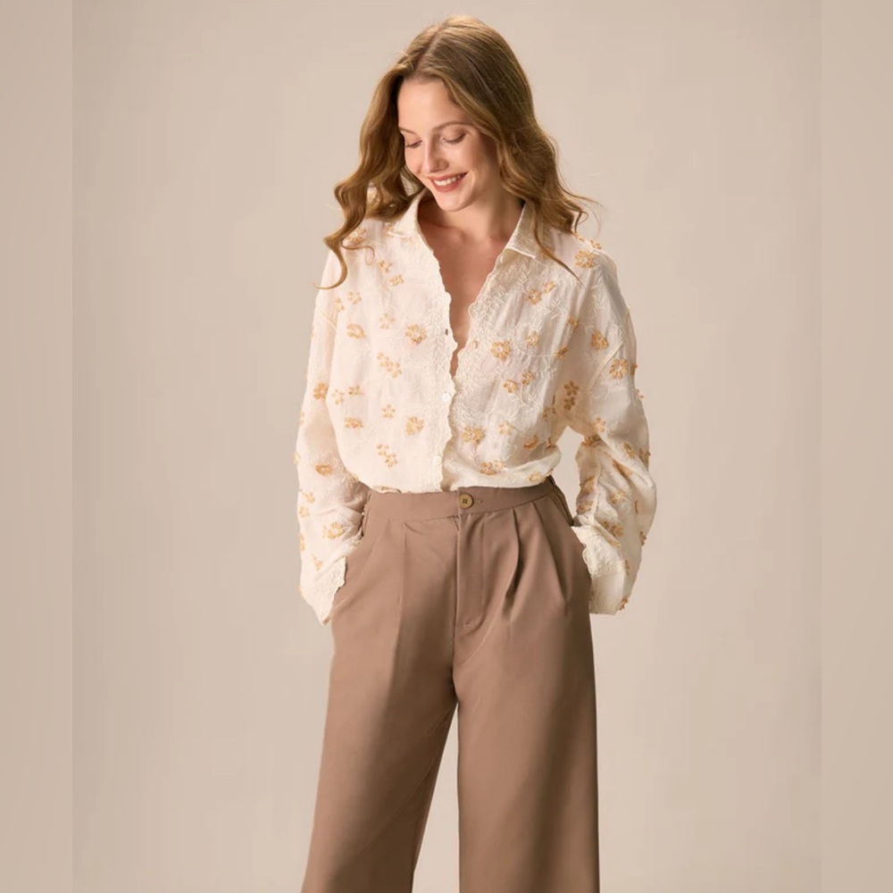NWT RIHOAS Women's Apricot Jacquard Cotton Long Sleeve Shirt Sz OS
